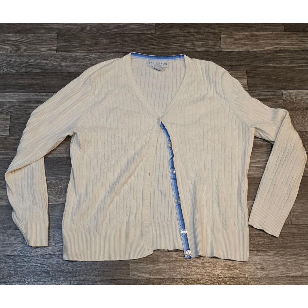 Women's Sag Harbor Cream Blue Cable Knit Cardigan X-Large